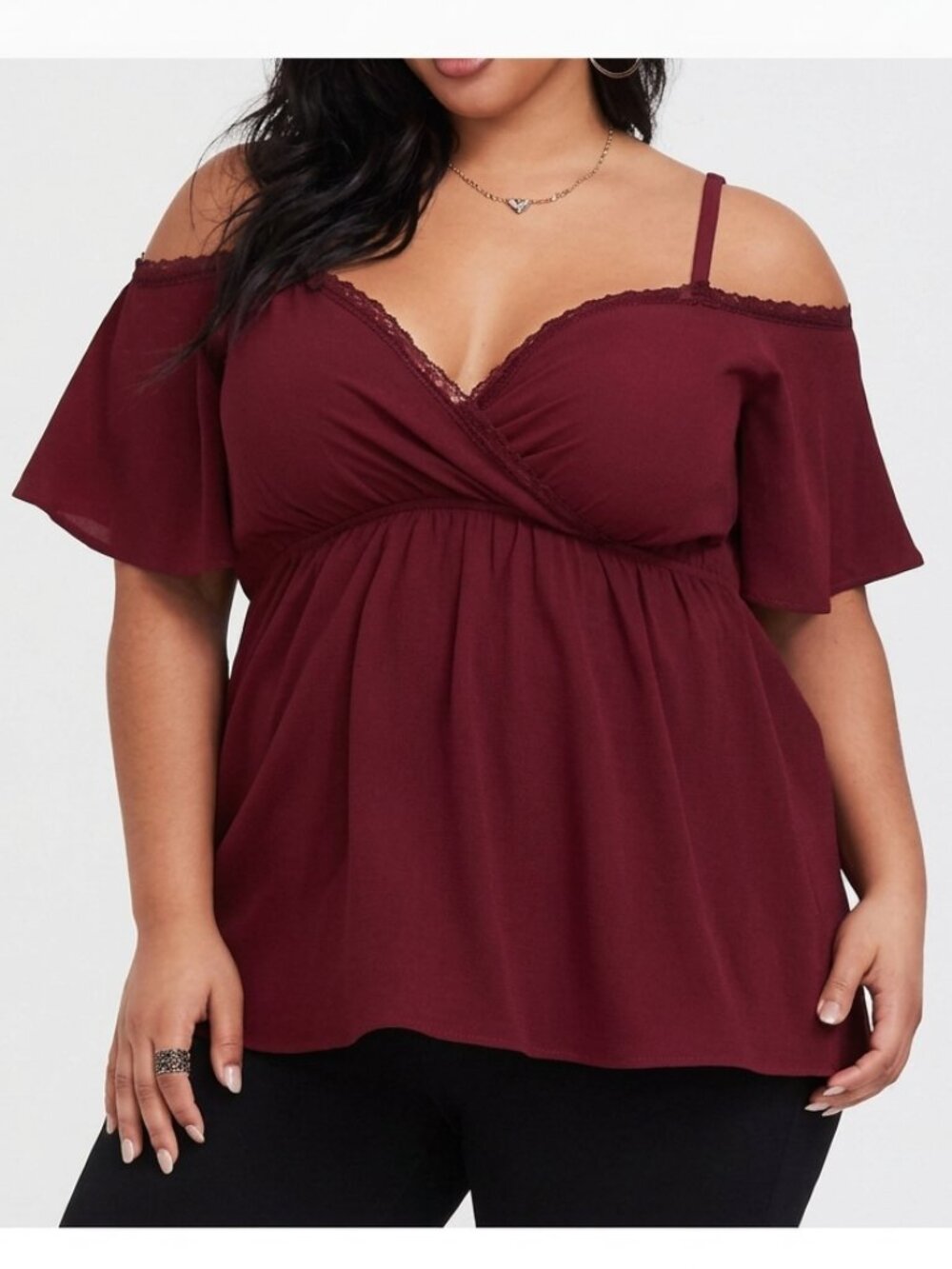 TORRID 2 Plus Size Burgundy Cold Shoulder Babydoll Blouse Maroon Red Coquette 2X